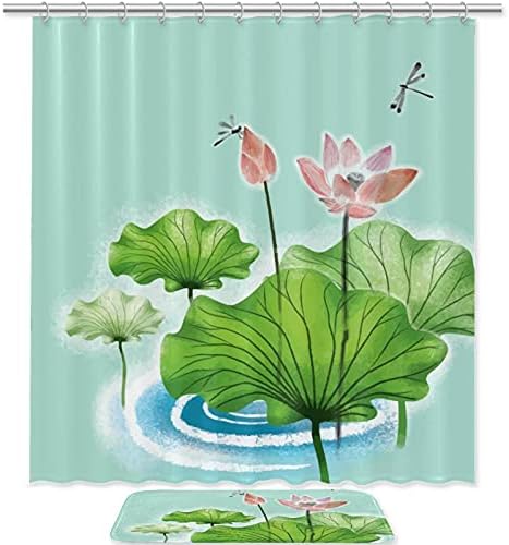 2 Set Çin Lotus Dragonfly 70.8 in Duş Perde ve Mat Seti, su geçirmez Kumaş Banyo Perde ve Kilim Hooks ile Set