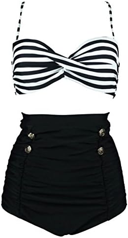 COCOSHİP Retro Polka Dot Bükülmüş Ön Yüksek Belli Bikini Seti Kravat Kemer Vintage Dantelli Mayo (FBA)