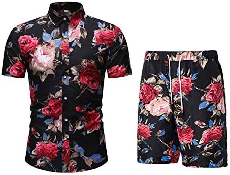 Erkek Casual çiçek Hawaii kısa kollu gömlek 2 parça Eşofman plaj şortu
