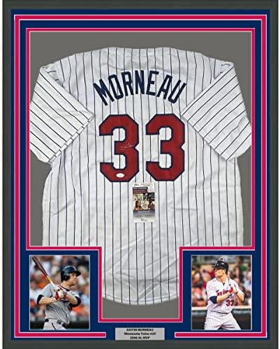 Çerçeveli İmzalı/İmzalı Justin Morneau 33x42 Minnesota Çizgili Beyzbol Forması JSA COA