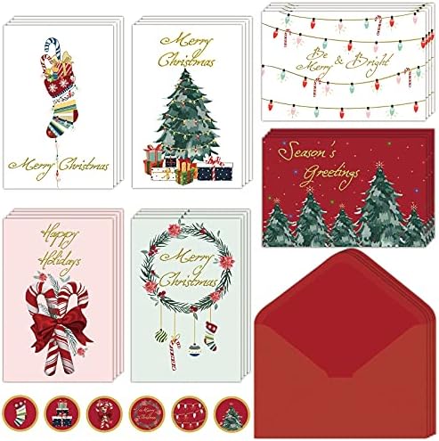 Noel Kartları-Kırmızı Zarflar ve Çıkartmalar ile 24 Altın Folyo Tatil Kartları Seti - 6 Çeşitli Tasarımlar Geleneksel Noel