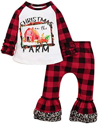 2 Adet Toddler Kız Cadılar Bayramı Noel Kıyafetleri Bebek Kız Giysileri Uzun Kollu Ekose Üst Gömlek Çan Alt Kot Pantolon Kıyafetler