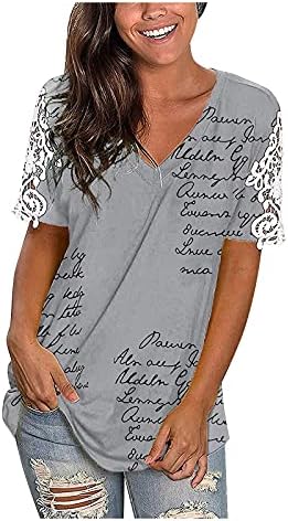 Bayan Yıldız ABD Bayrağı Baskılı T Shirt V Yaka Dantel Kısa Kollu Tee Üstleri Yaz Rahat Gevşek T-Shirt Bluz