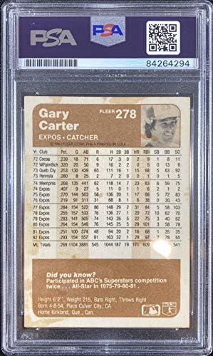 Gary Carter otomatik imzalı kart Fleer 278 1983 Montreal Expos PSA Kapsüllü