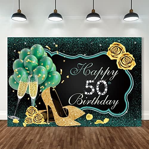 Crefelicid 6x4ft Yeşil ve Altın 50th Doğum Günü Zemin Kadınlar için Yüksek Topuk Şampanya 50 Doğum Günü Partisi Afiş Teal Elli