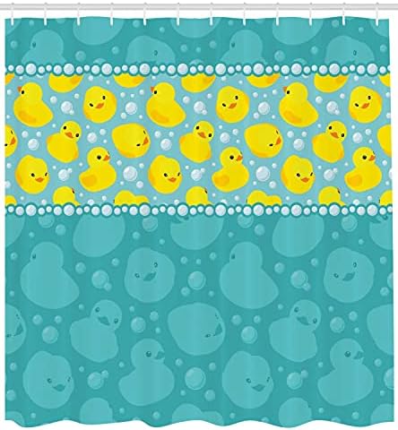 Ambesonne Lastik Ördek Duş Perdesi, Sarı Karikatür Ördekler Yüzme Su Desen Eğlenceli Kabarcıklar ile Aqua Renkler, Bez Kumaş