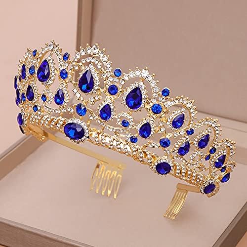 JIAQ Mavi Kristal Rhinestone Gelin Tiaras ve Taçlar Düğün Saç Aksesuarları Altın Tiara Gelin Başlığı Tarak ıle Barok Takı (Metal