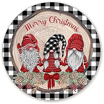 Gnome Merry Christmas Siyah ve Beyaz Rustik Noel Çelenk Işareti Teneke Vintage Garaj Bar Dekor Eski Rustik Yuvarlak Metal Teneke