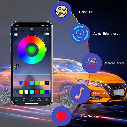 Araba için iç ışıklar, akıllı araba LED şerit ışıkları, DIY modu ve müzik modu ile App kontrolü akıllı araba ışıkları, Çok