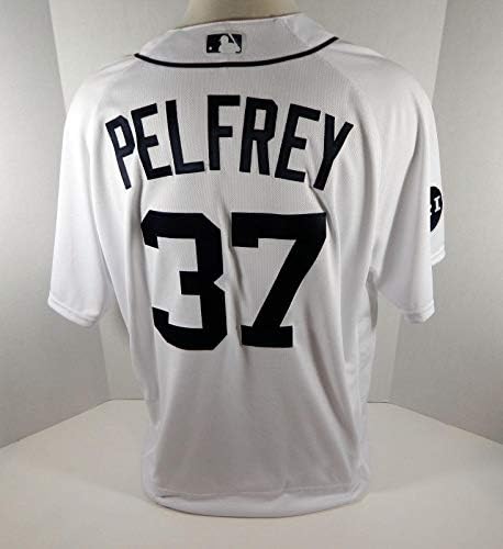 2017 Detroit Tigers Mike Pelfrey 37 Oyun Yayınlanan Beyaz Jersey Mr. Ilitch P 112-Oyun Kullanılan MLB Formalar