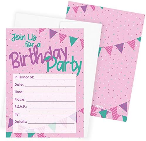 Doğum Günün Kutlu Olsun Parti Davetiyeleri-Girly Pembe Mor Teal Sprinkles-Zarflı 10 Kart
