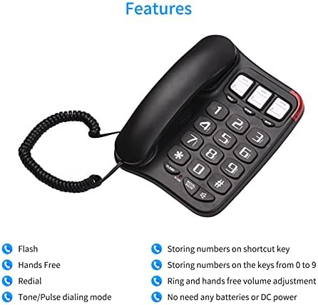 Aibesy Siyah Kablolu Telefon ile Büyük Düğme Masası Sabit Telefon Duvara Monte Telefon Destek Eller-Serbest/Tekrar Arama/Flaş/Hızlı