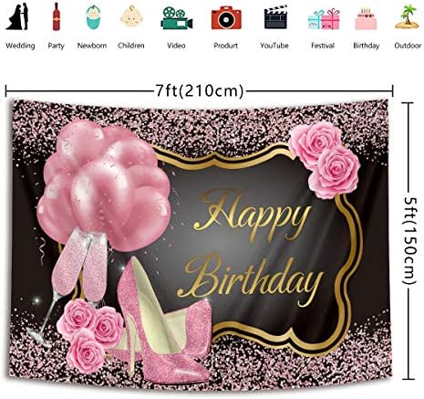 RUİNİ Polyester Parlak Pullu Pembe Yüksek Topuklu Şampanya Pembe Gül Balonlar Mutlu Doğum Günü Partisi Zemin 7x5FT