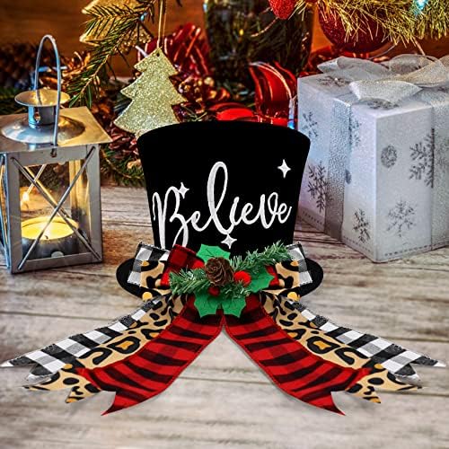 Buffalo Ekose Noel Ağacı Topper Silindir Şapka ile El Yapımı Leopar Siyah ve Kırmızı Onay Yaylar Noel Süs İnanıyorum Kış Tatil