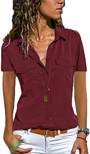 Andongnywell Womens Ön Düğme Aşağı Gömlek Kısa Kollu Tunik Yaka Tops Bluz Gömlek ile Cep
