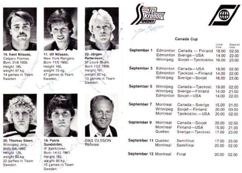 1981 İsveç Ekibi, Pelle Lindbergh PSA/DNA Z05646 - İmzalı NHL Dergileri de Dahil olmak üzere Toplam 23 İmzayla 4x6 Program