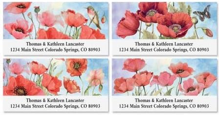 Kırmızı Bahar Haşhaş Kişiselleştirilmiş Adres Etiketleri-144 Set (4 Tasarım), Kendinden Yapışkanlı, Düz Levha Etiketler