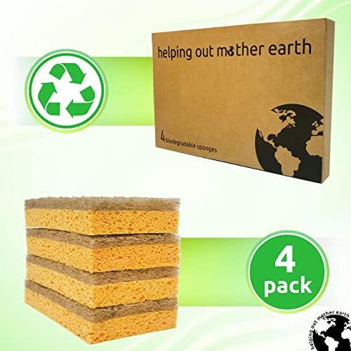 Doğal Sünger 4 Paket - Sürdürülebilir Yaşam için Çevre Dostu Mutfak Süngeri / Biyolojik Olarak Parçalanabilir Bitki Bazlı Temizlik