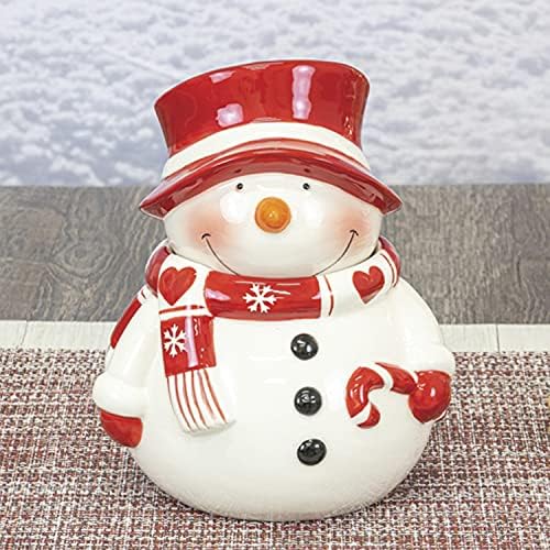 Bir Tatil Yolu 9-İnç Sevimli Kırmızı ve Beyaz Seramik Dekoratif Kardan Adam Çerez veya Şeker Kavanozu Kapaklı ve Şeker Kamışı-Noel
