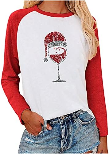 Noel Uzun Kollu Gömlek Kadınlar ıçin Trendy Şarap Cam Baskı Patchwork Güz Kazak Gevşek Fit Crewneck Tişörtü