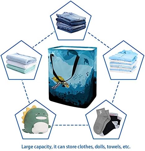 Kapotofu Çamaşır Sepeti Saplı, Kaplumbağa Sualtı Mavi Katlanabilir Büyük Pamuklu Giysiler için Depolama Sepeti